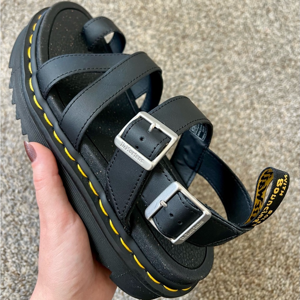 Dr. Marten Avry Hydro Leather Strap Sandals with silver buckles.